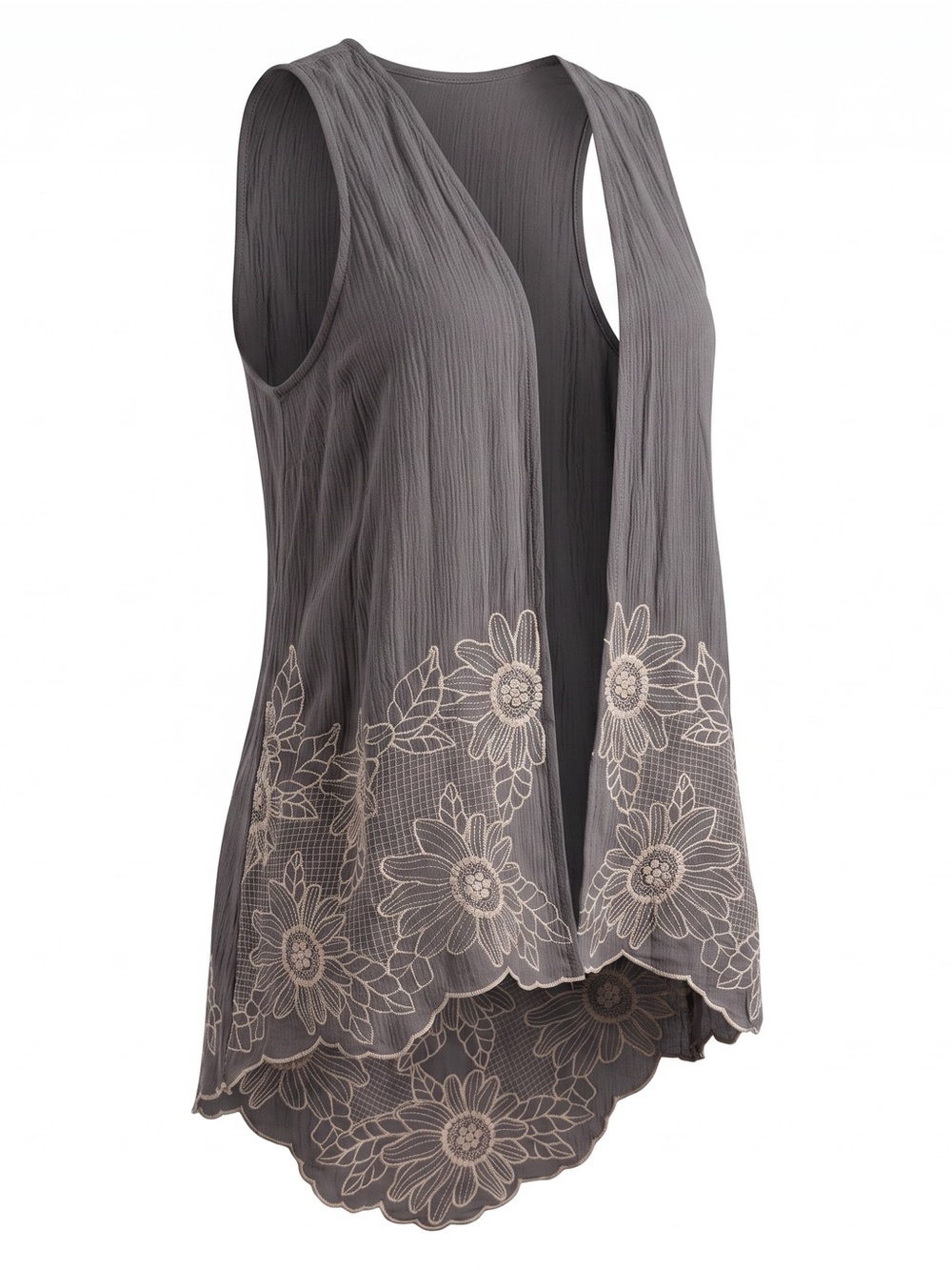 Entro Gray Embroidered Floral Lace Duster Vest Open Front Boho Longline Layering
